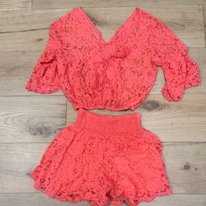 Coral Lace Crop Top & High-Waist Shorts Set - Women